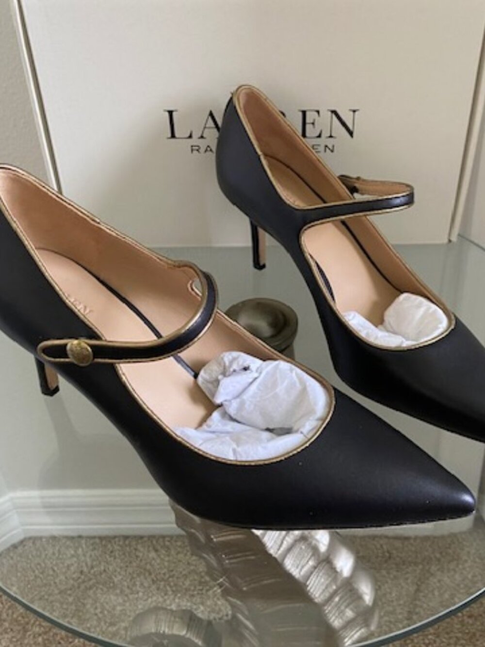 NWT - Ralph Lauren Lanette Black/Gold Metallic Trim Mary Jane Pumps - Size 8.5